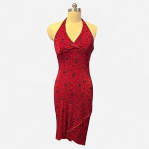 Vtg Y2K Dress Halter Bodycon Party Formal Cocktail Red Black Sparkly Women's S